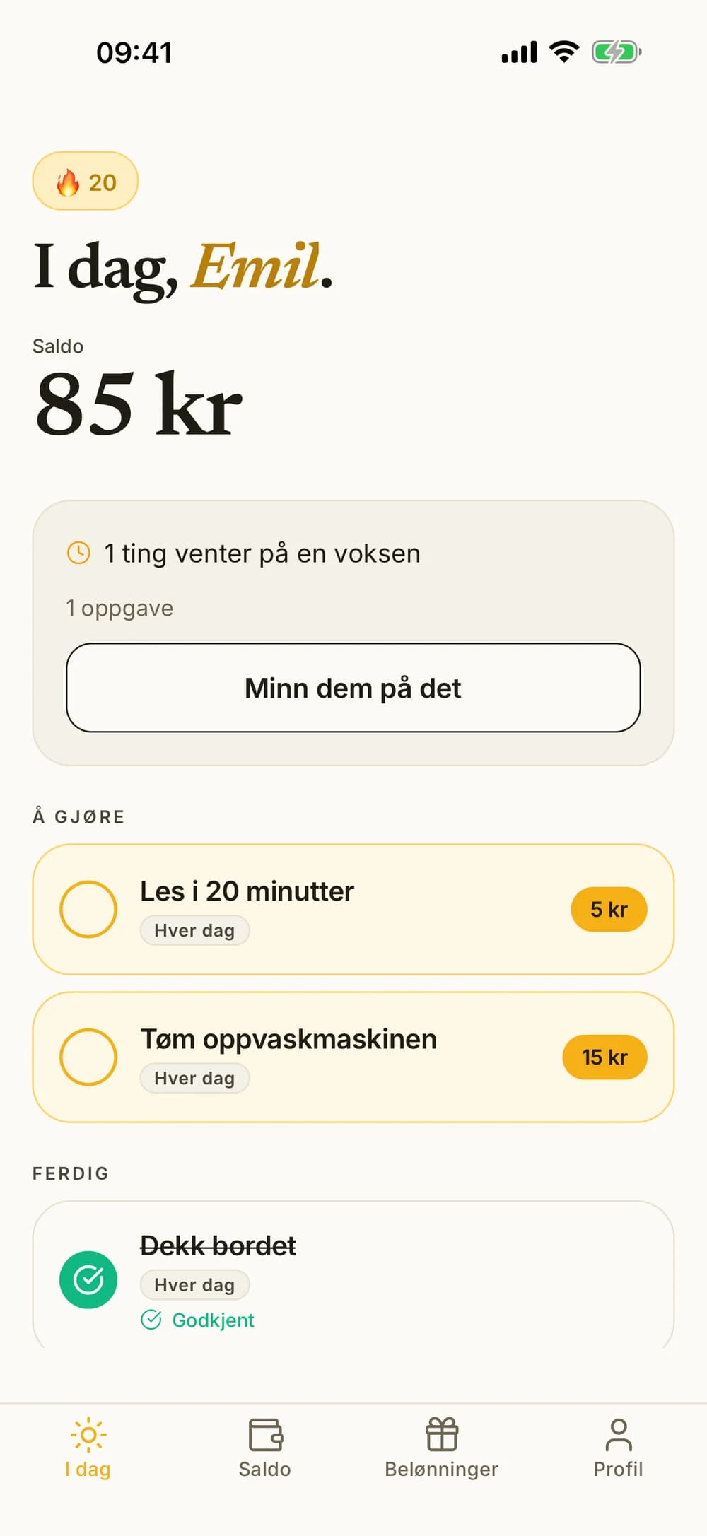 Emils I dag-liste med oppgaver, saldo og arbeid som venter på godkjenning.