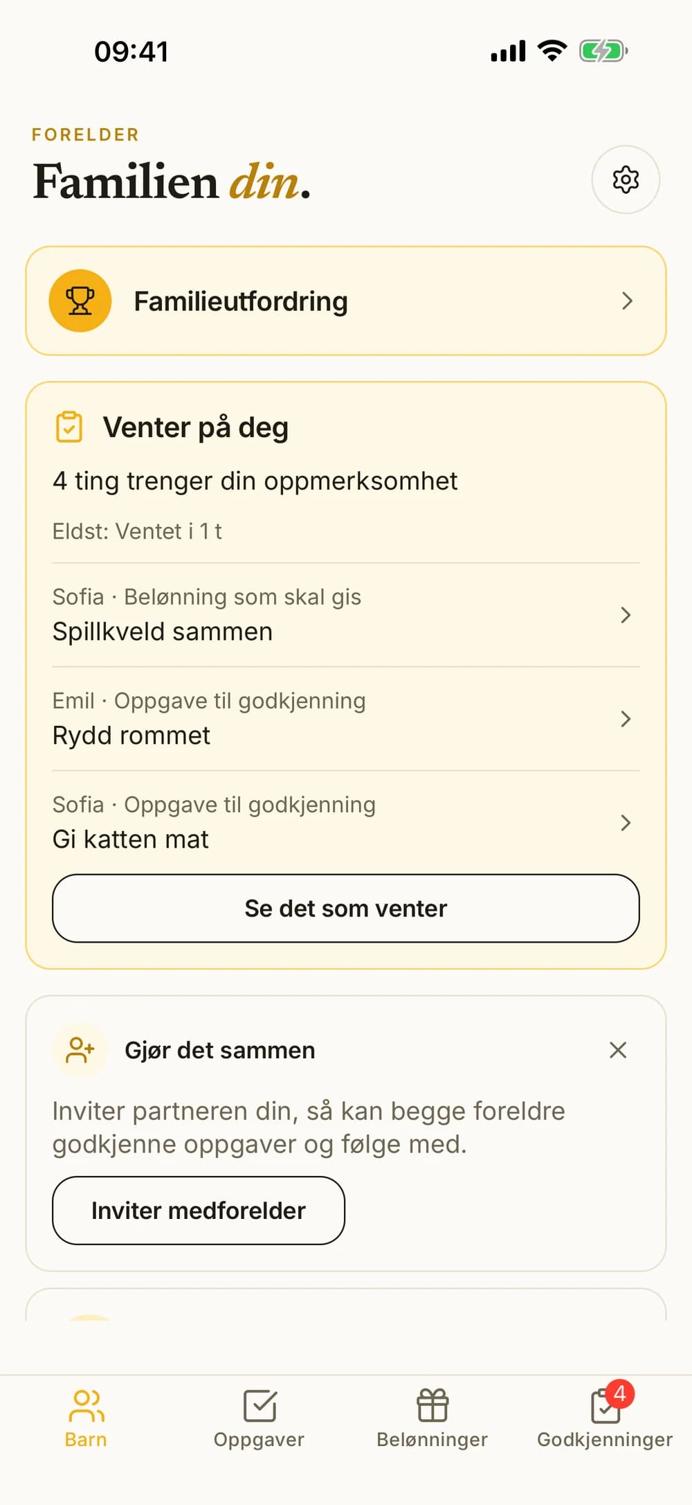 Forelderens oversikt over Emil og Sofia og oppgaver som venter på godkjenning.