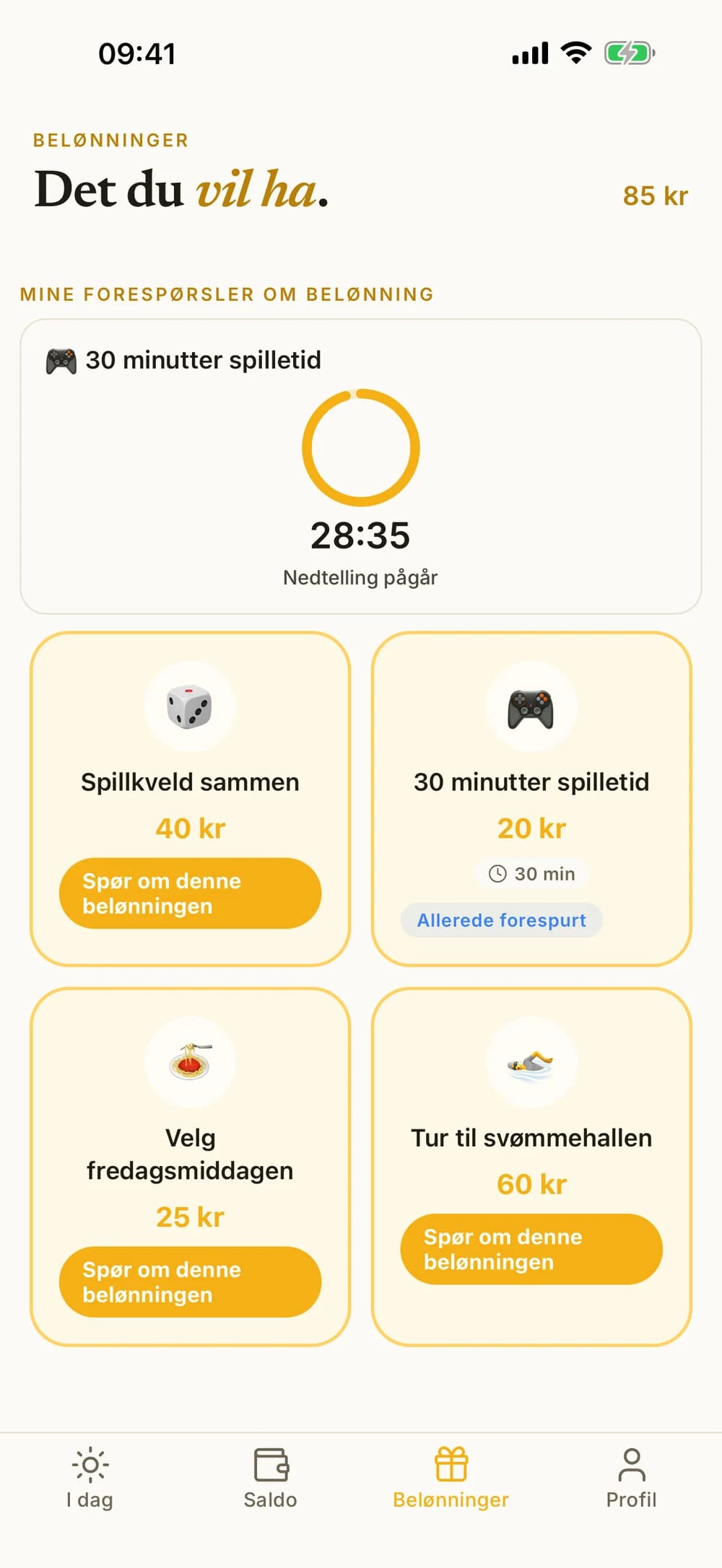 Emils belønninger i Kroni, med familiens valg og en tidsbestemt belønning.