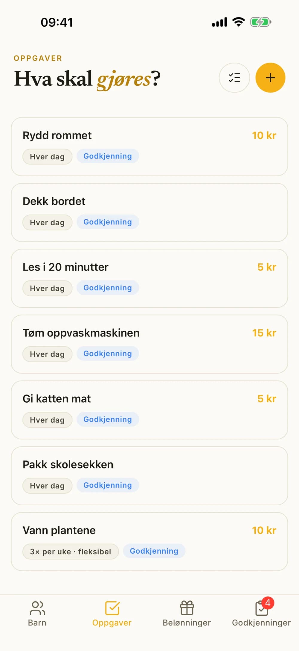 Oppgavelisten med daglige oppgaver, med og uten betaling, og en fleksibel oppgave tre ganger i uka.