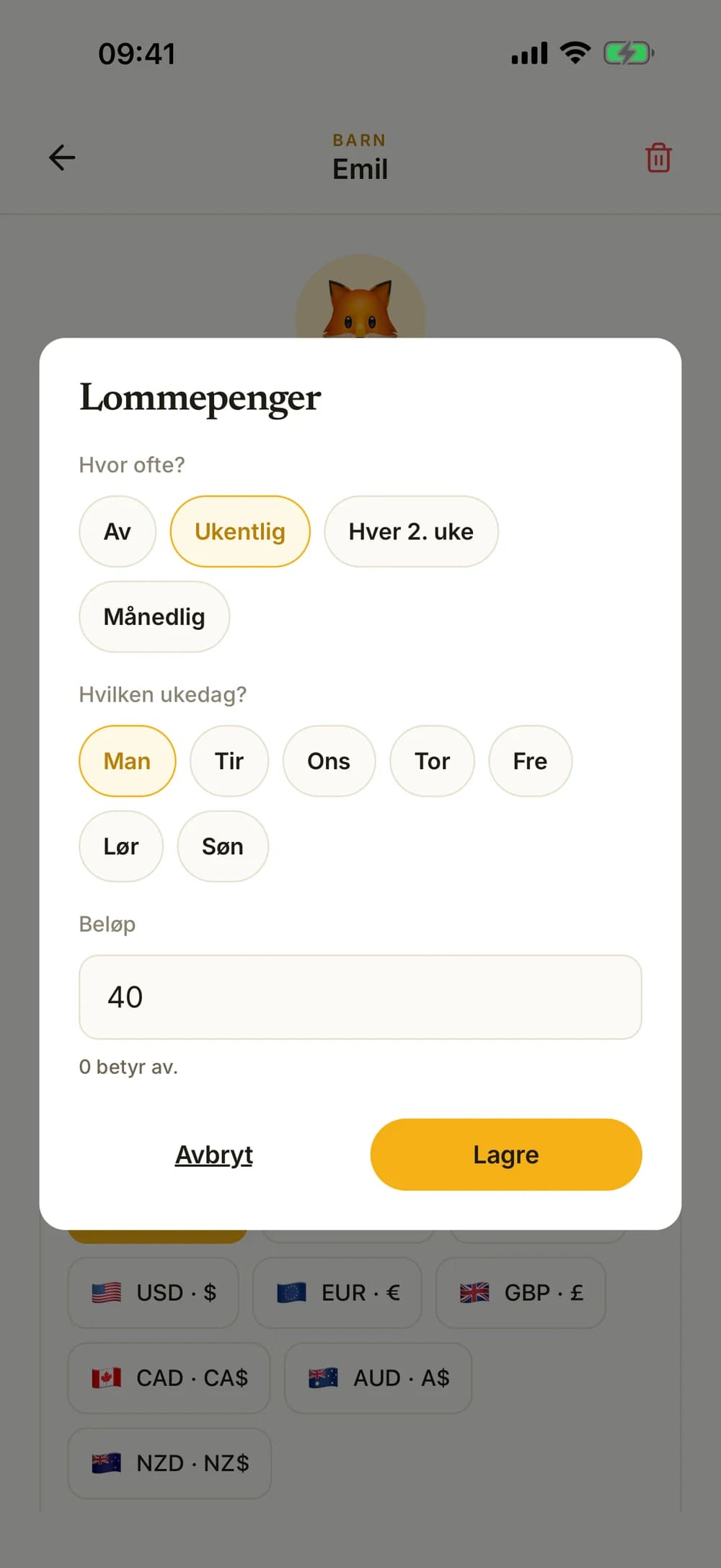Ukepengeinnstillinger med beløp, intervall og ukedag.
