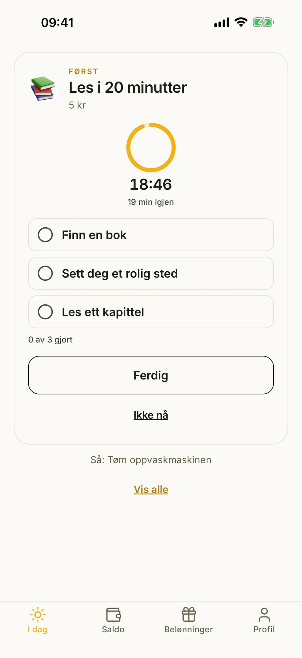 Fokusmodus med en oppgave, foreldreskrevne steg og en valgfri nedtelling.