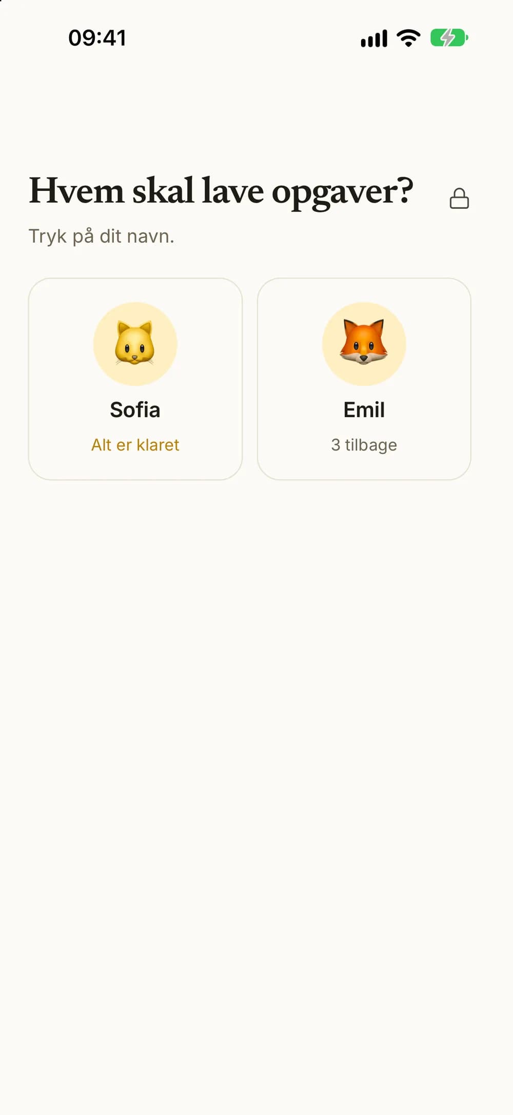 Hvem skal lave opgaver? To børn på samme enhed, det ene med alt klaret og det andet med tre tilbage.