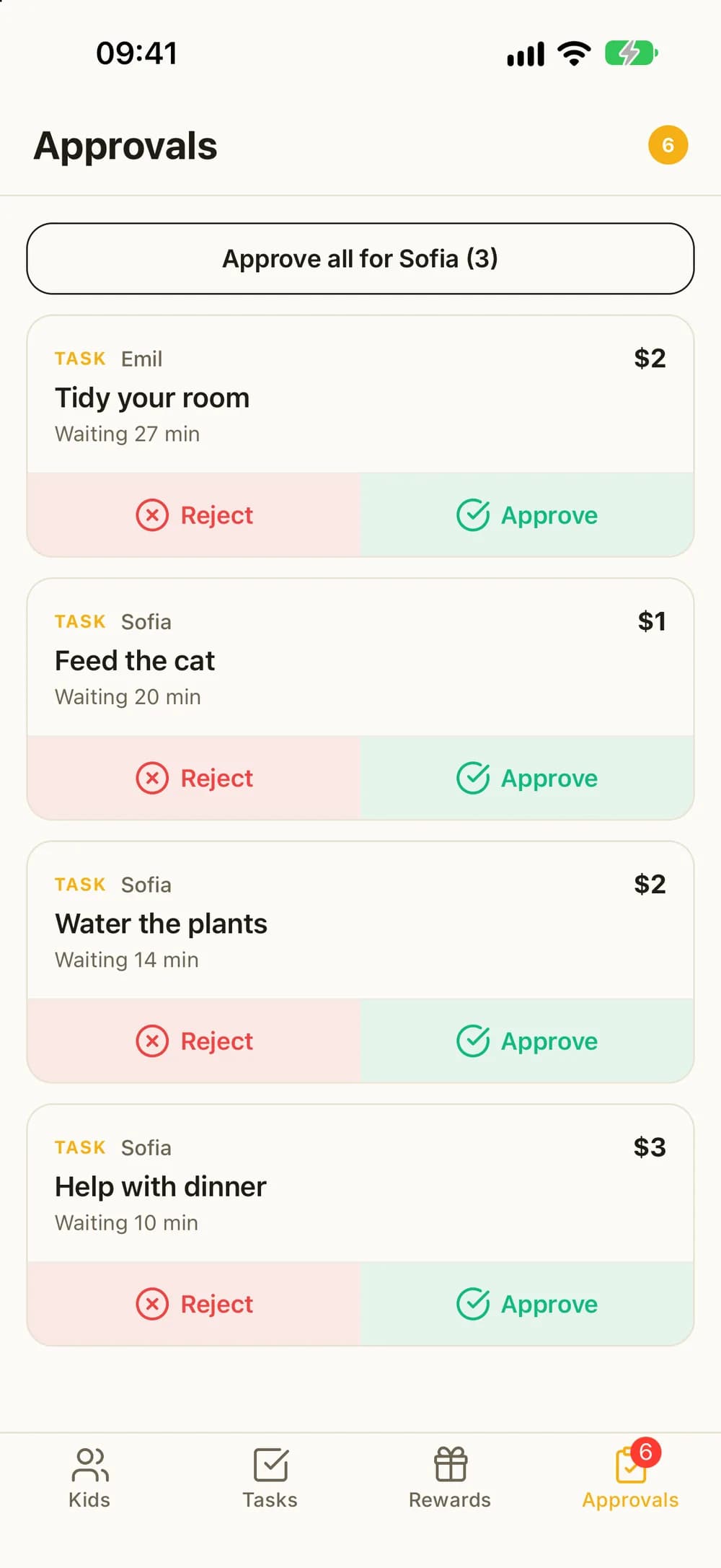 Approvals with a button to approve all three of one child's chores, and Reject and Approve on each chore.