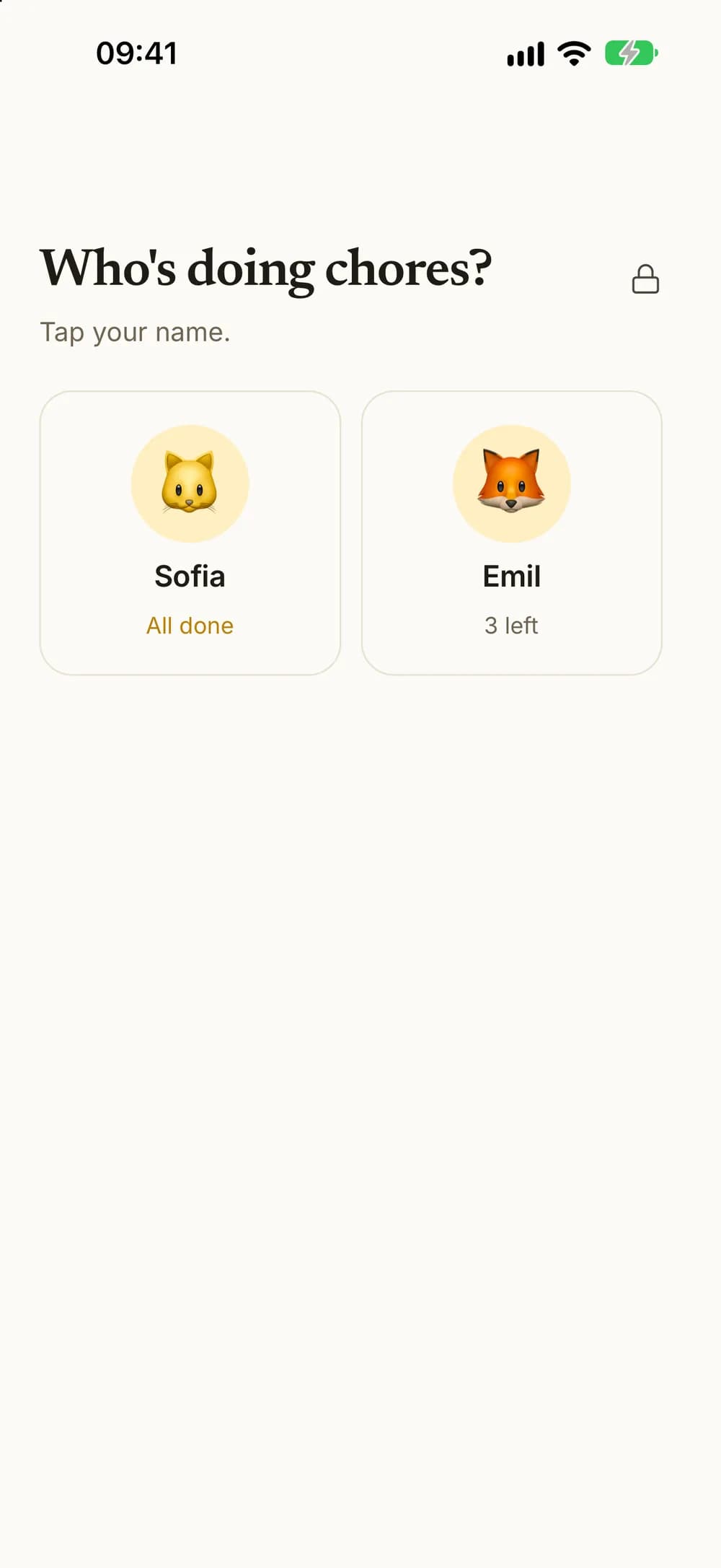 Who's doing chores? Two kids on one device, one all done and one with three left.