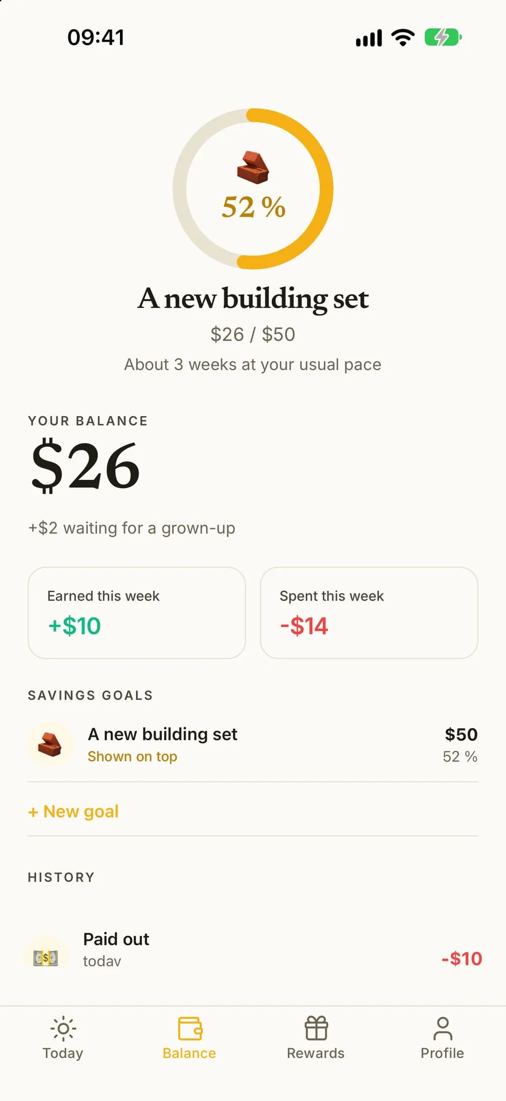 A child's balance with a savings goal on top, about half full, and about three weeks to go at their usual pace.