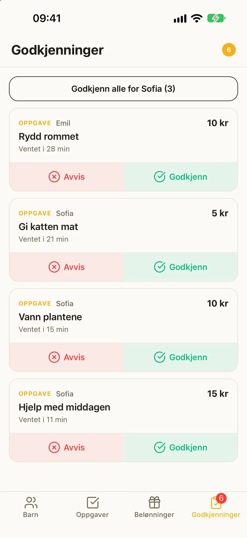 Godkjenninger med en knapp for å godkjenne alle tre oppgavene til ett barn, og hver oppgave med Avvis og Godkjenn.
