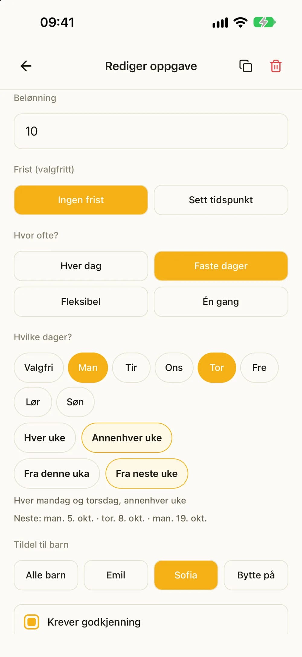 En oppgave på mandag og torsdag annenhver uke, fra neste uke, med de neste datoene.