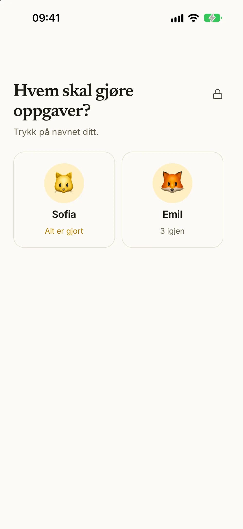 Hvem skal gjøre oppgaver? To barn på samme enhet, det ene med alt gjort og det andre med tre igjen.