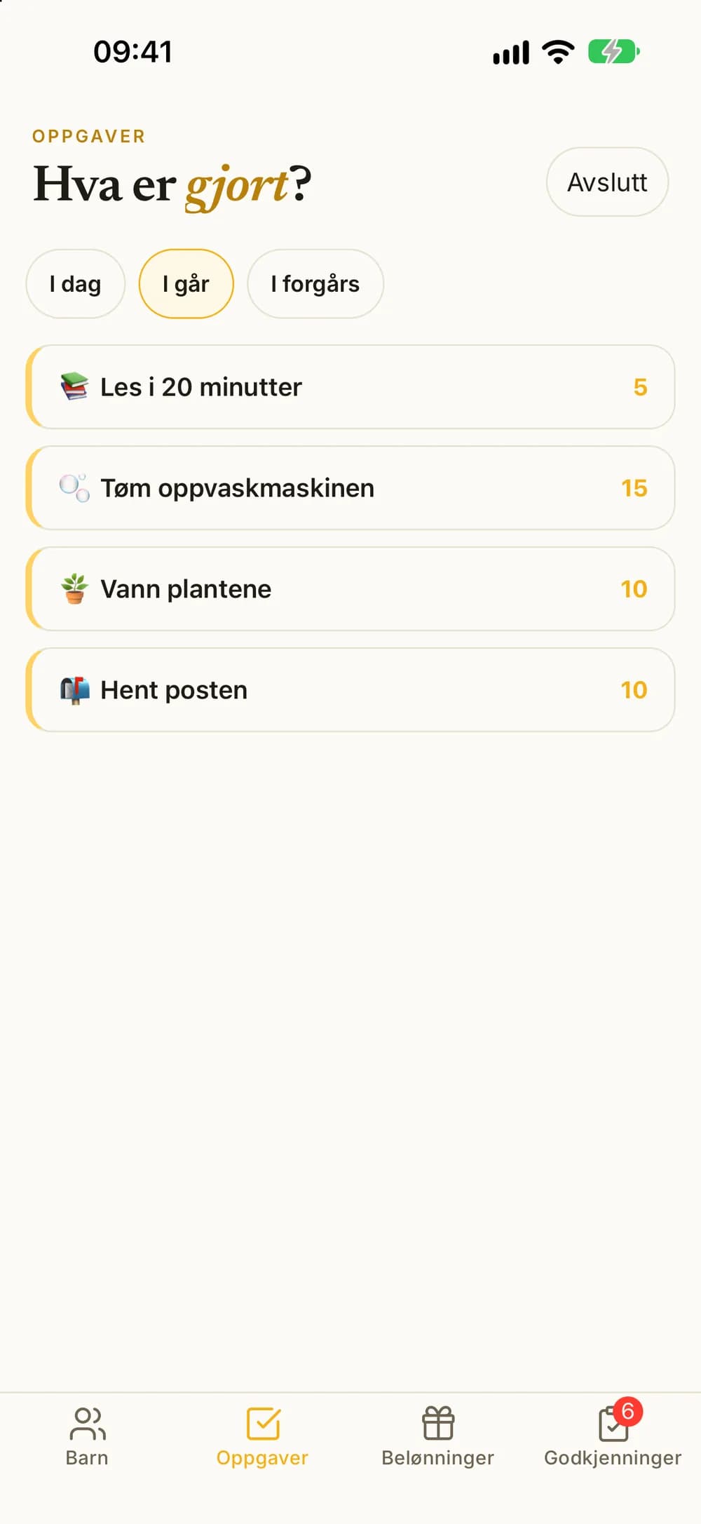 Loggmodus med I går valgt og fire oppgaver som kan registreres for i går.