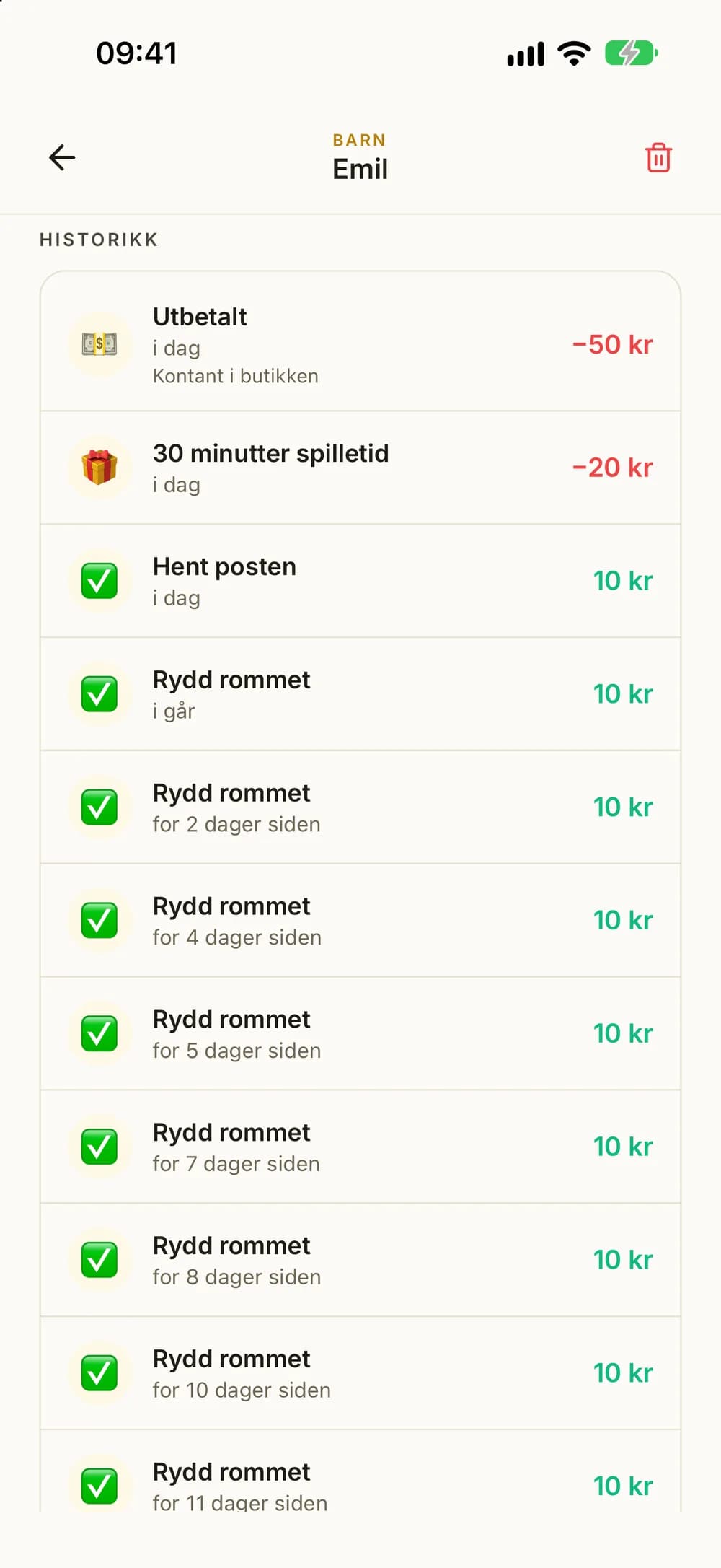 Historikken til et barn med Utbetalt minus 50 kr og kommentaren Kontant i butikken øverst.