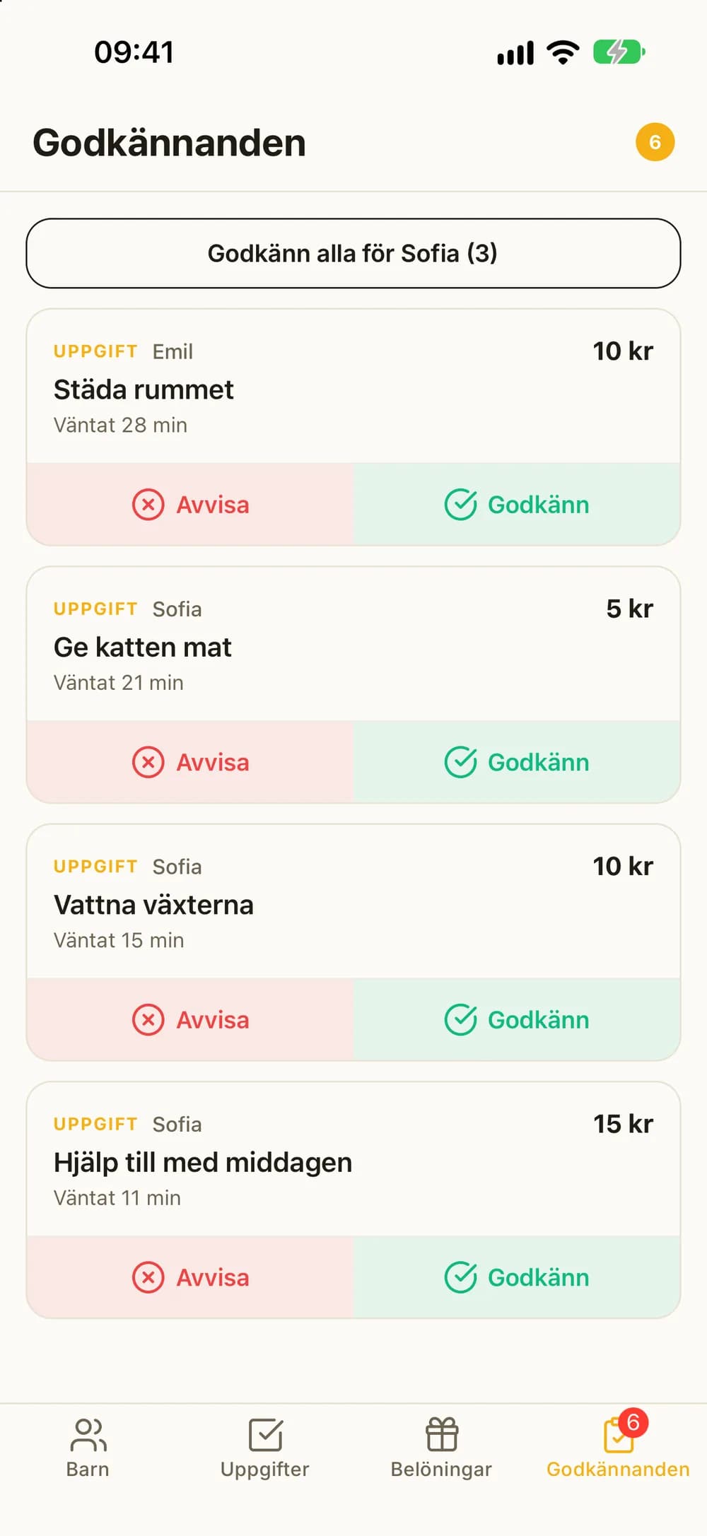 Godkännanden med en knapp för att godkänna alla tre sysslorna för ett barn, och varje syssla med Avvisa och Godkänn.